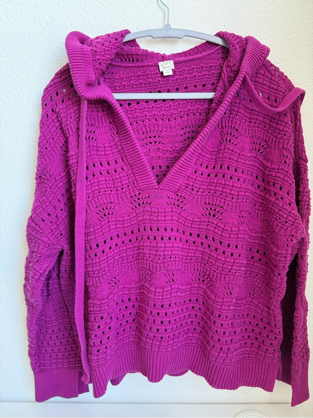 LOFT Cozy Knit Hooded 100% Cotton Fuschia Eclectic Grandpa Open Knit Sweater